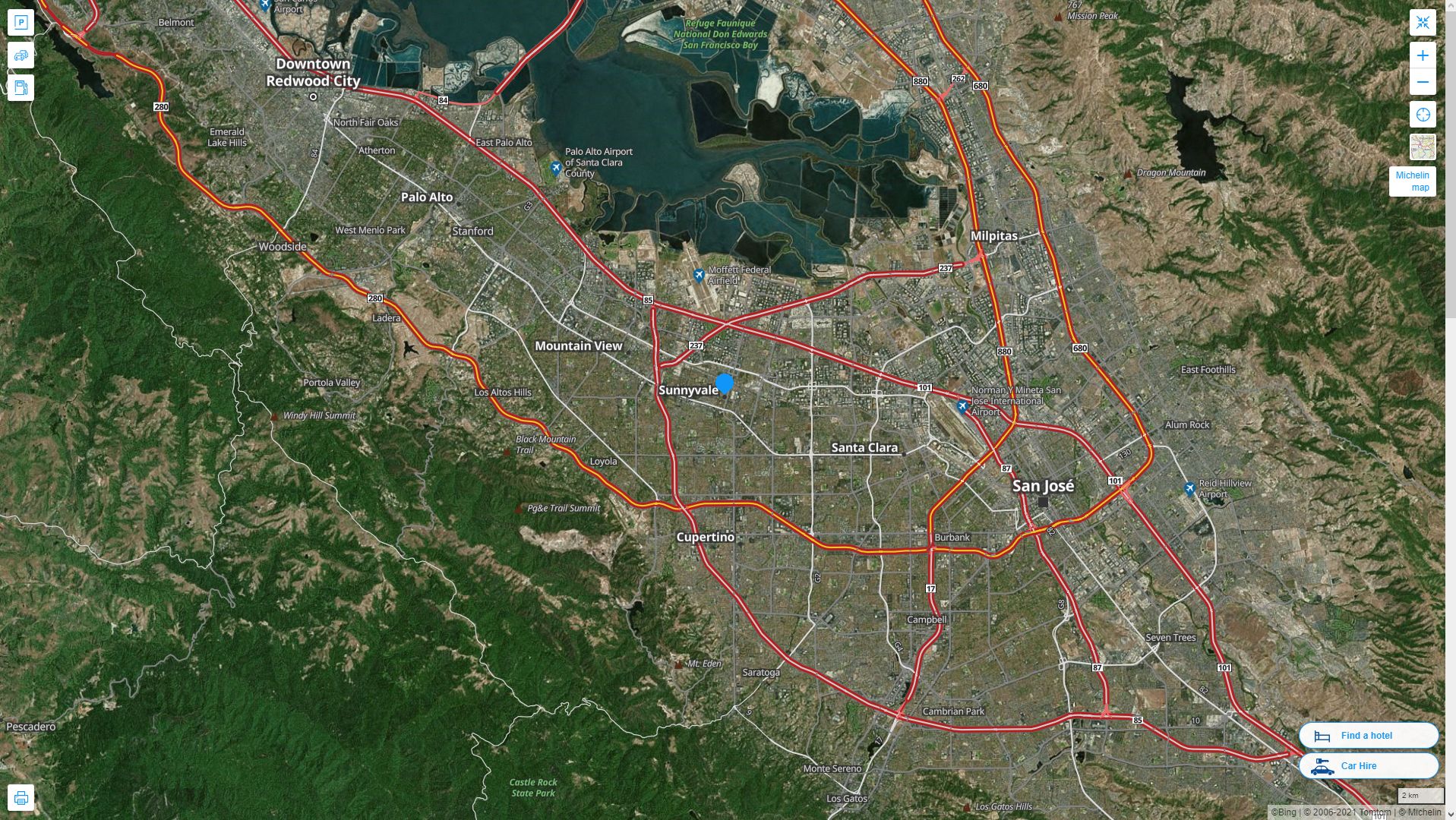 Sunnyvale California Highway and Road Map with Satellite View